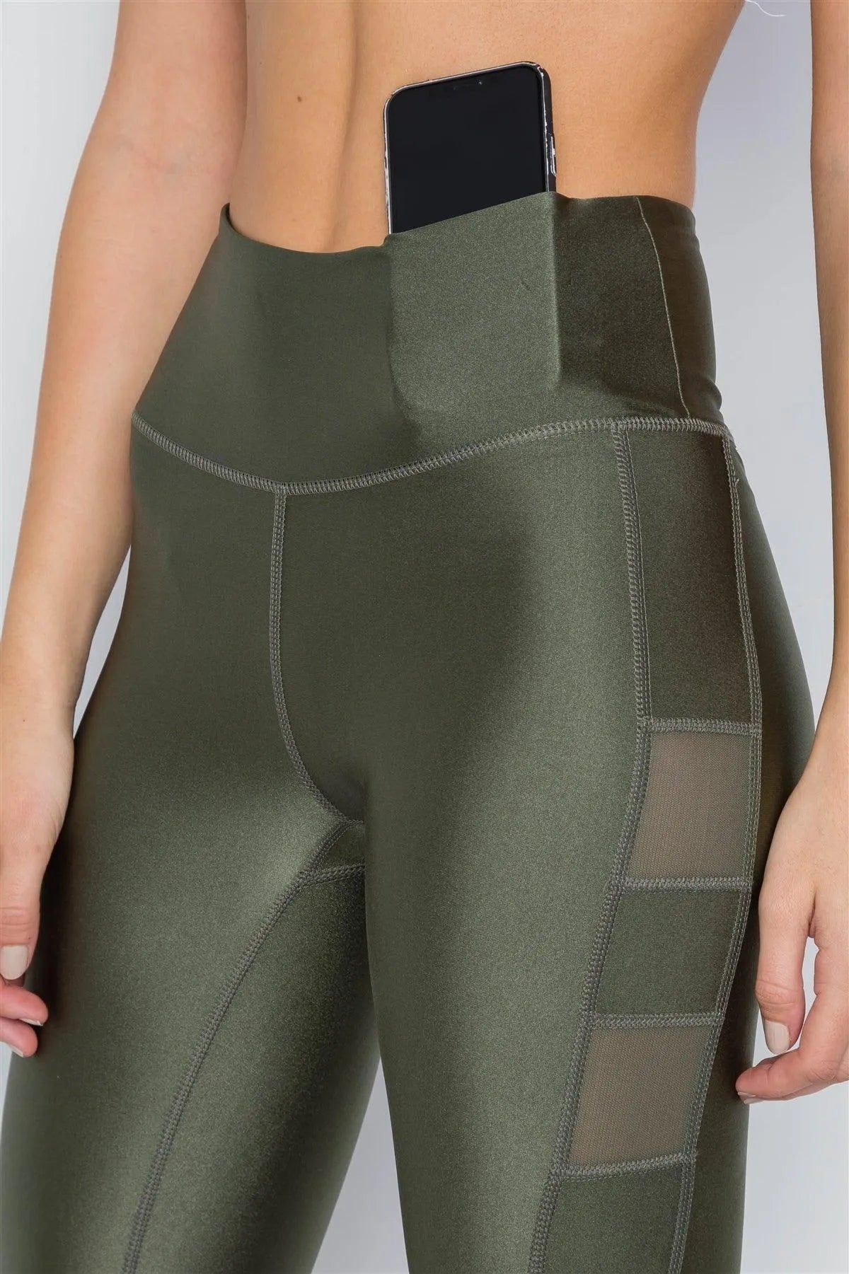 Olive Phone Pocket Capri Mash Detail Active Leggings /1-2-2-1 - Tasha Apparel Wholesale