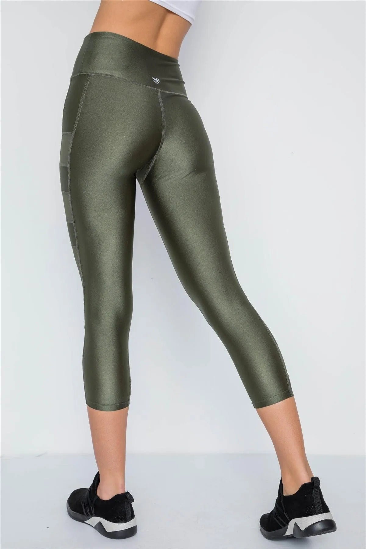 Olive Phone Pocket Capri Mash Detail Active Leggings /1-2-2-1 - Tasha Apparel Wholesale