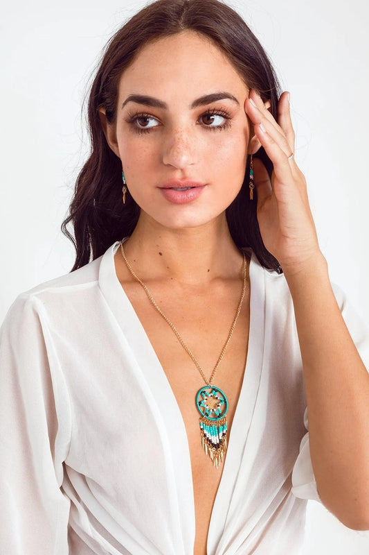 Turquoise Star Boho Dreamcatcher Earring Necklace Set - Tasha Apparel Wholesale