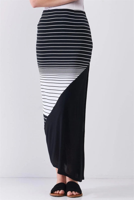 So Noir Black & White Gradient Multi Stripe High Waist Side Slit Detail Maxi Skirt /1-2-2 - Tasha Apparel Wholesale