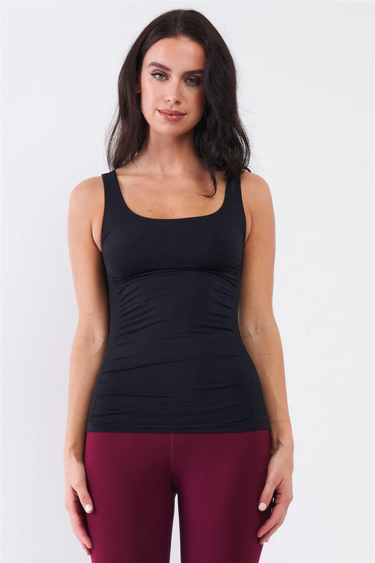 Black Sleeveless Round Neck Ruched Detail Ribbed Sides Top /4-1 - Tasha Apparel Wholesale