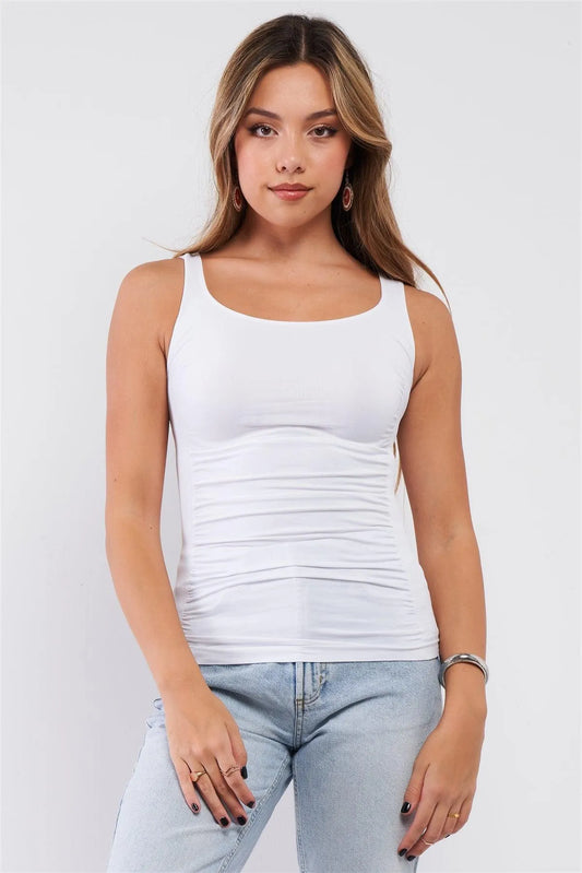 White Sleeveless Round Neck Ruched Detail Ribbed Sides Top /3-3 - Tasha Apparel Wholesale