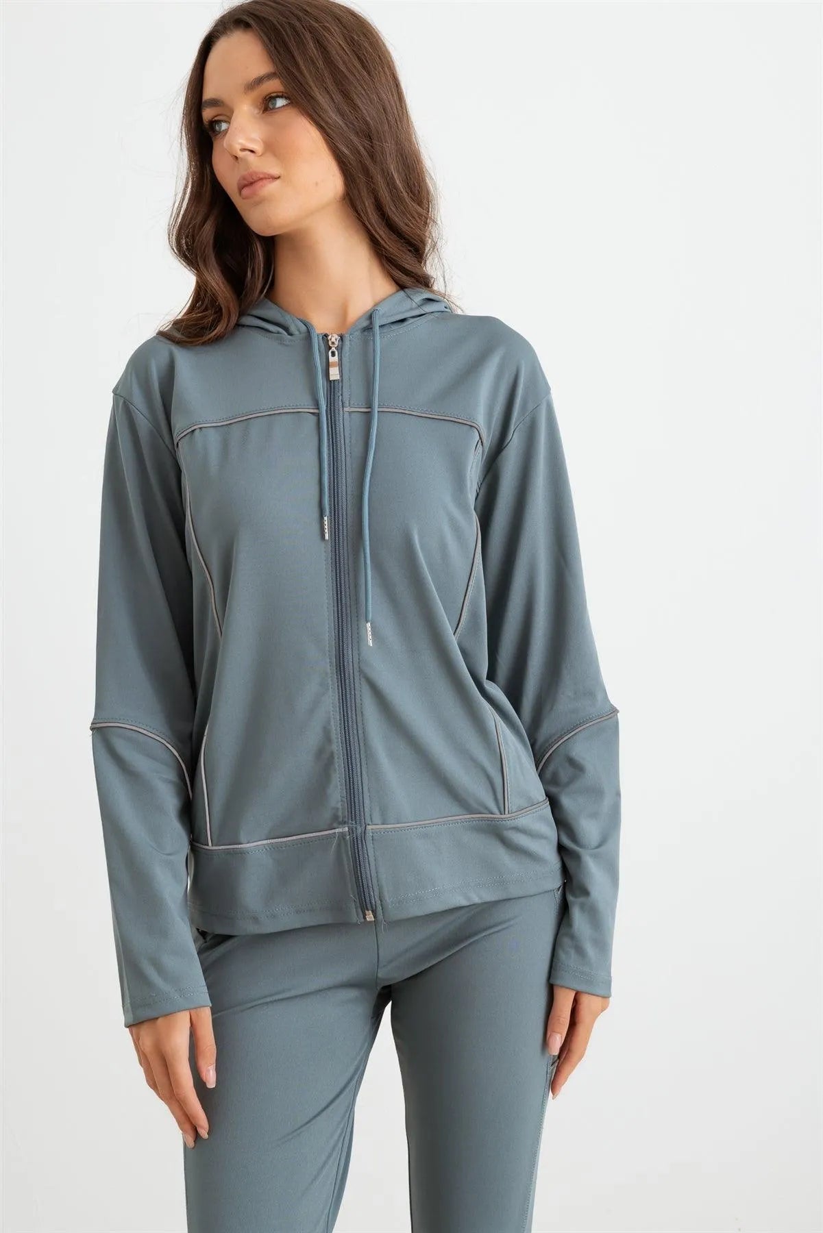 Green Hooded Zip-Up Jacket Luon & Two Pocket Leggings Set /2-2 - Tasha Apparel Wholesale