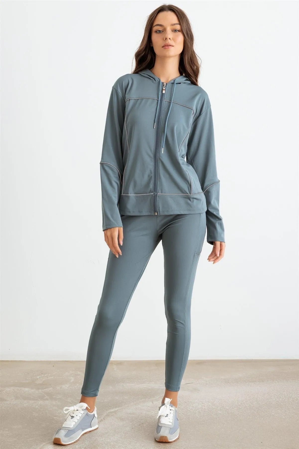 Green Hooded Zip-Up Jacket Luon & Two Pocket Leggings Set /3-3 - Tasha Apparel Wholesale