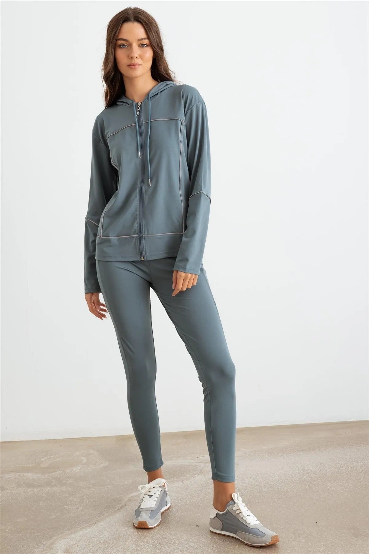 Green Hooded Zip-Up Jacket Luon & Two Pocket Leggings Set /3-3 - Tasha Apparel Wholesale