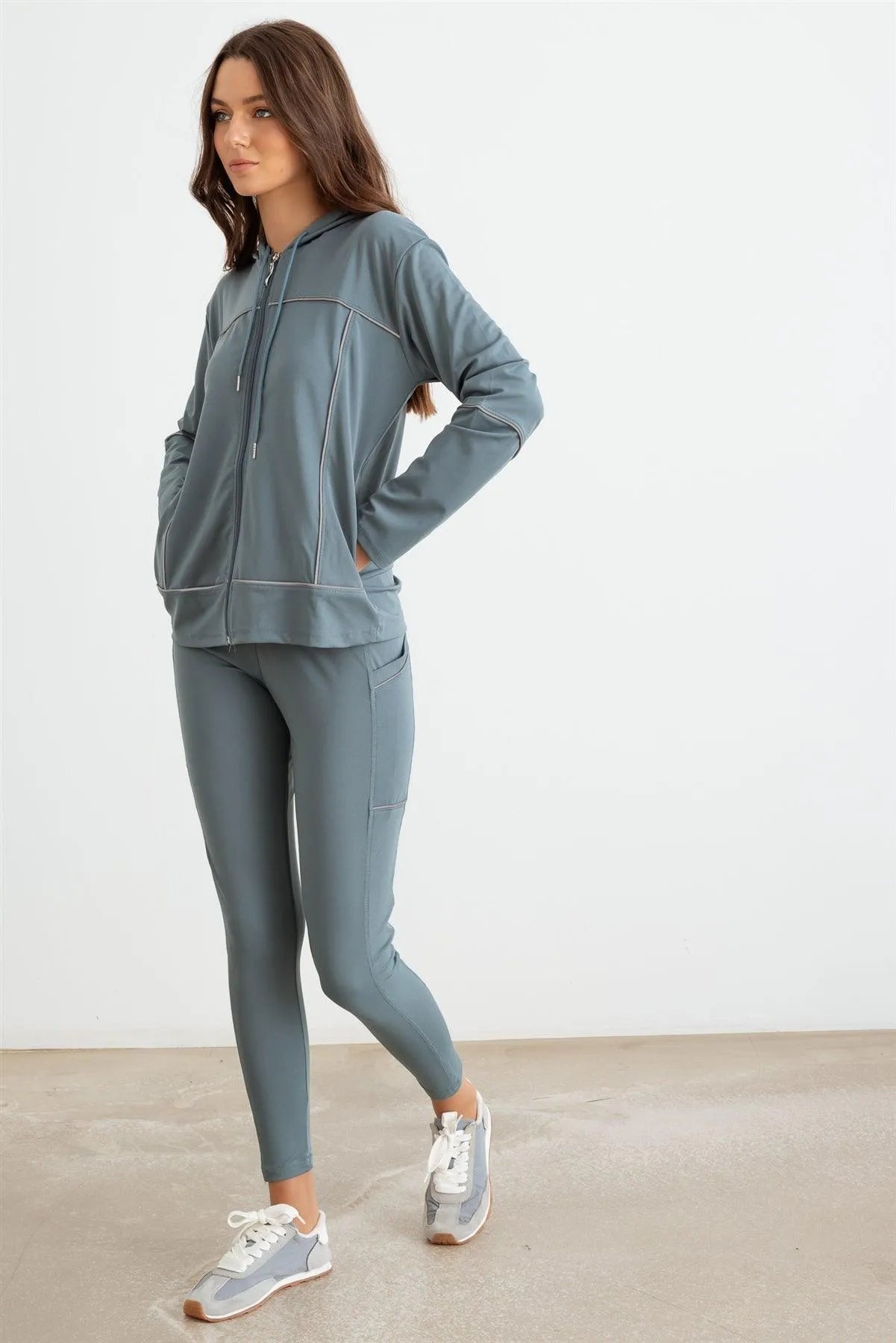 Green Hooded Zip-Up Jacket Luon & Two Pocket Leggings Set /3-3 - Tasha Apparel Wholesale
