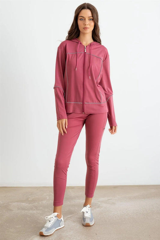 Mauve Hooded Zip-Up Jacket Luon & Two Pocket Leggings Set /3-3 - Tasha Apparel Wholesale