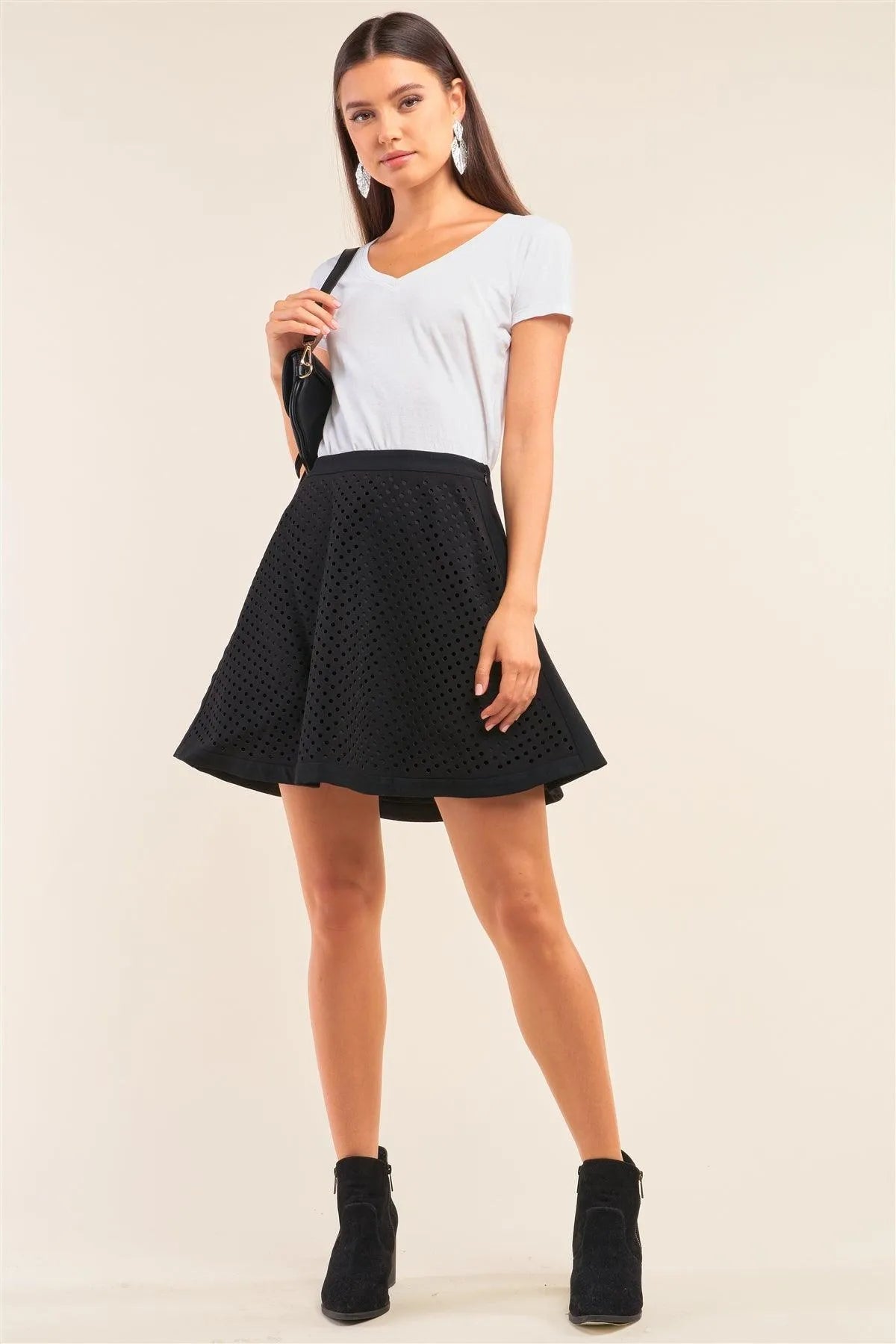 Black Laser Cut Scuba A-Line Mini Skater Skirt - Tasha Apparel Wholesale