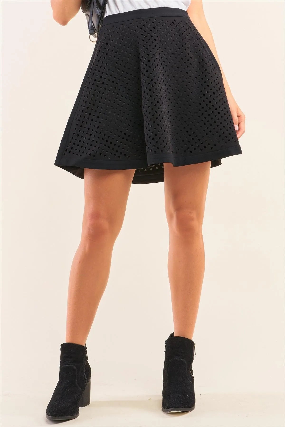 Black Laser Cut Scuba A-Line Mini Skater Skirt - Tasha Apparel Wholesale