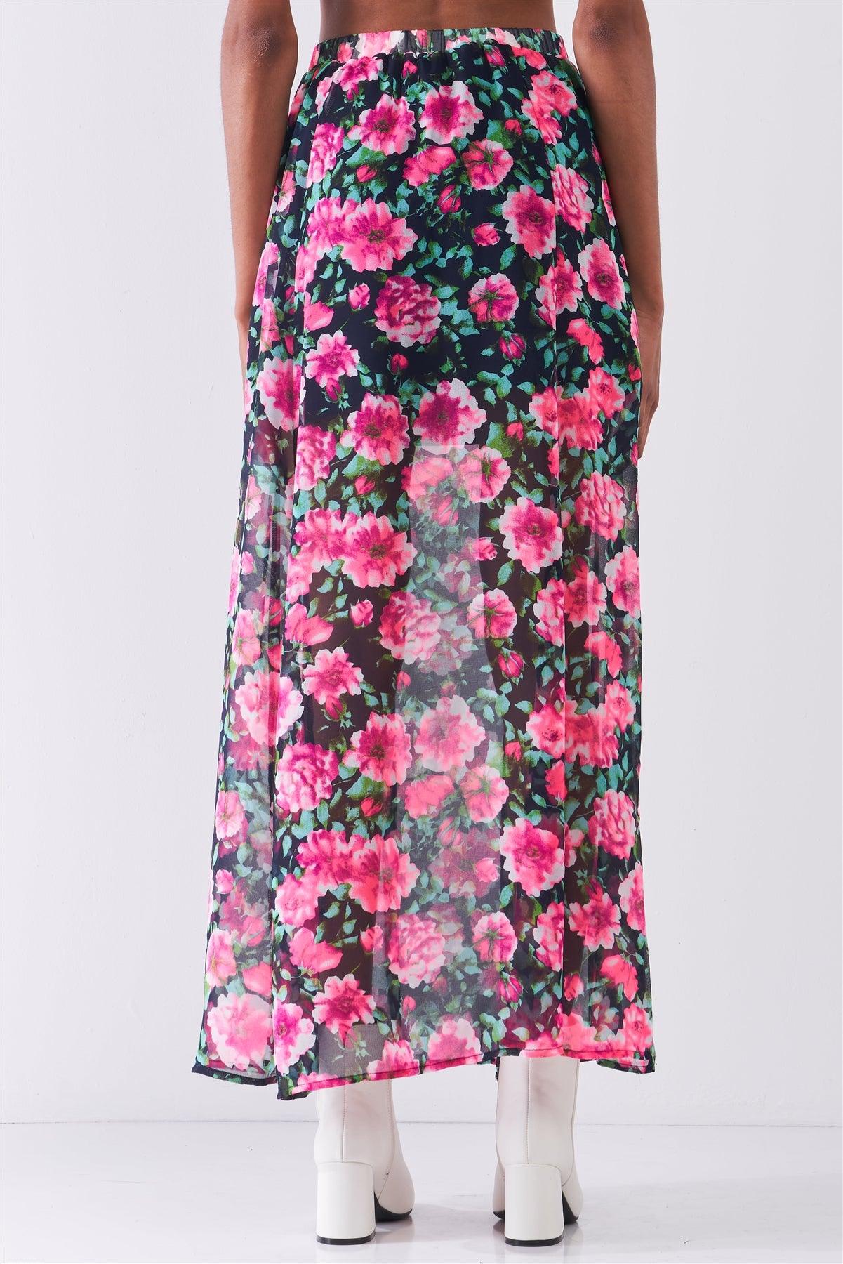 Pink Gardenia Floral Print High Waist Semi-Sheer Maxi Skirt /1-2-2-1