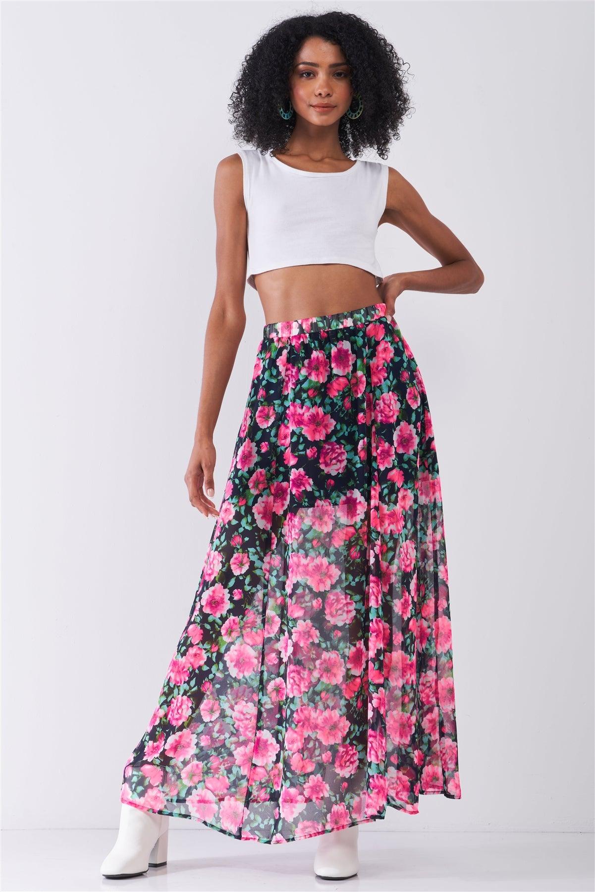 Pink Gardenia Floral Print High Waist Semi-Sheer Maxi Skirt /1-2-2-1