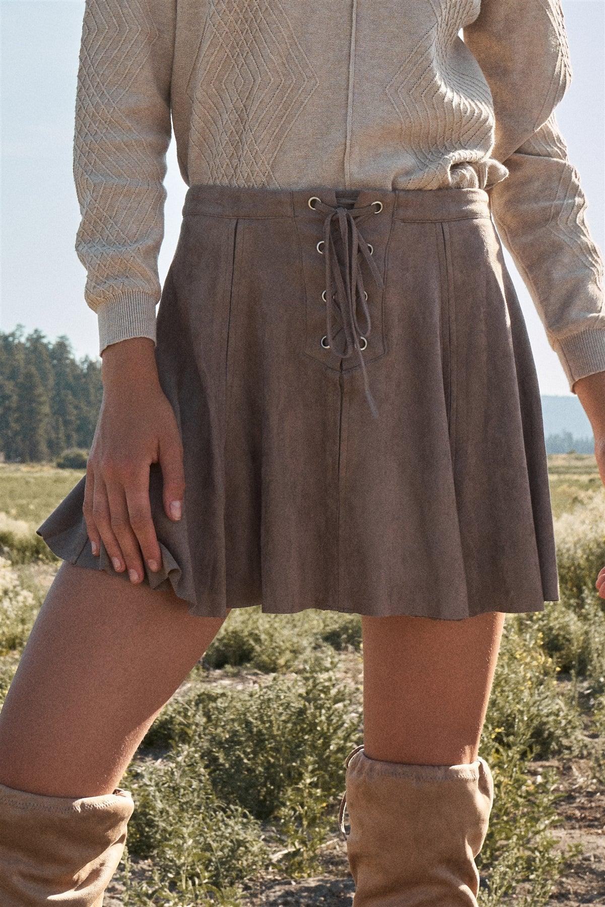 Mushroom Vegan Suede High-Waisted Lace-Up Front Mini Skirt /2-2-1