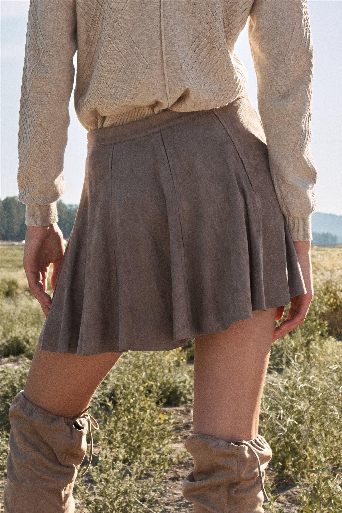 Mushroom Vegan Suede High-Waisted Lace-Up Front Mini Skirt /2-2-1