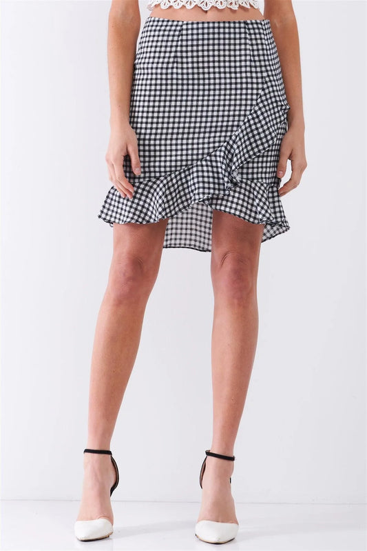 Black & White Checkered High-Waist Ruffle Wrap Front Detail Mini Skirt /2-2-1 - Tasha Apparel Wholesale