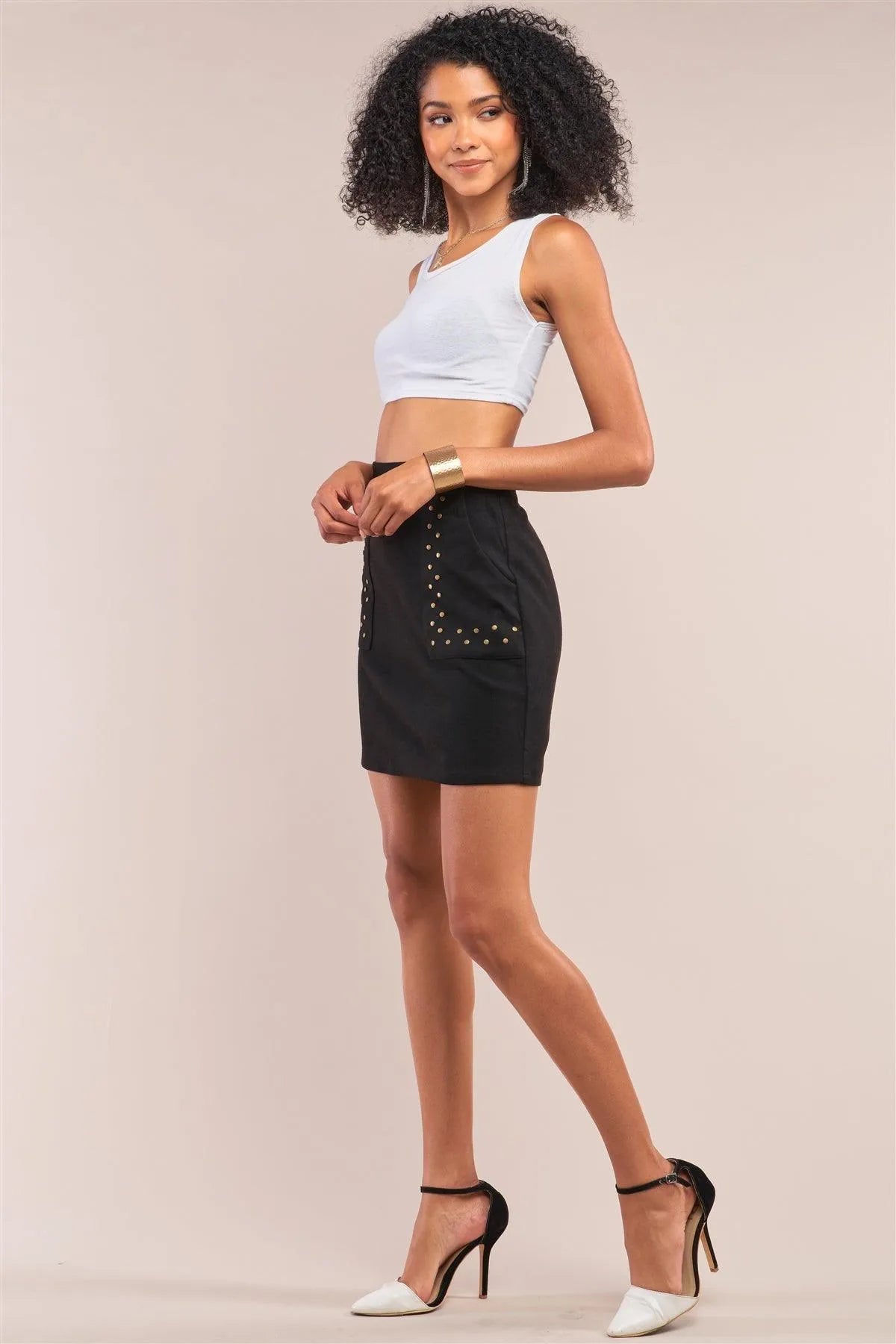 Black Faux Suede High Waist Studded Detail A-Line Mini Skirt /1-2-2 - Tasha Apparel Wholesale