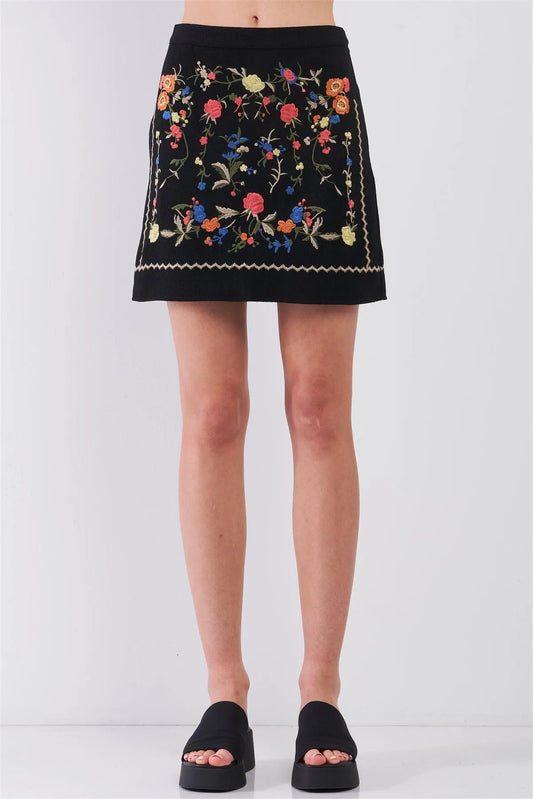 Black Multicolor Floral Embroidery Trim High Waist Mini Skirt /1-2-2-1 - Tasha Apparel Wholesale