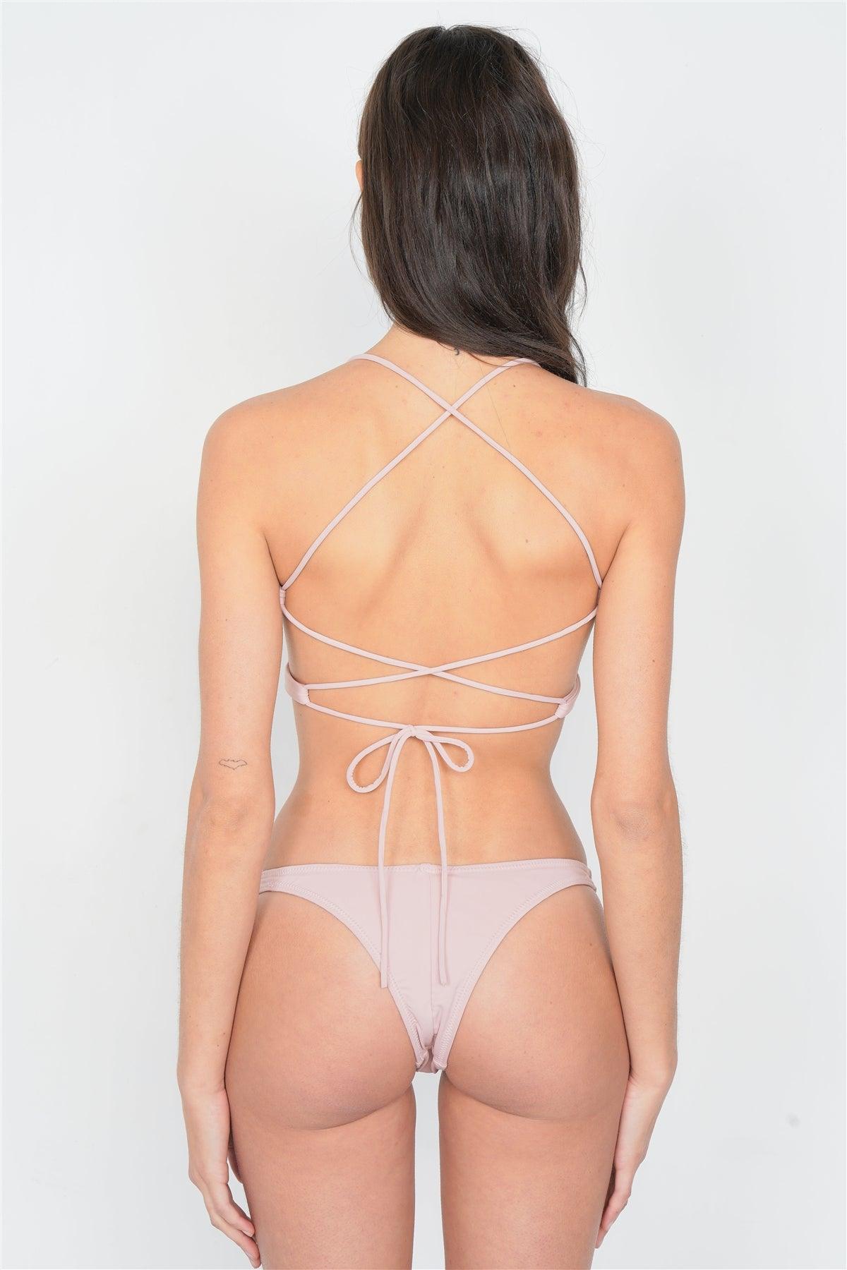 Rose Lace-Up Bandeau High-Waist Cheeky Bikini Swimsuit Set  /4-2-1