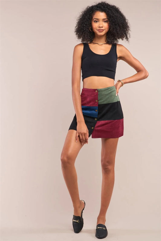 Color Block Front Suede High Waisted Button Up Mini Skirt /1-1-2-1 - Tasha Apparel Wholesale