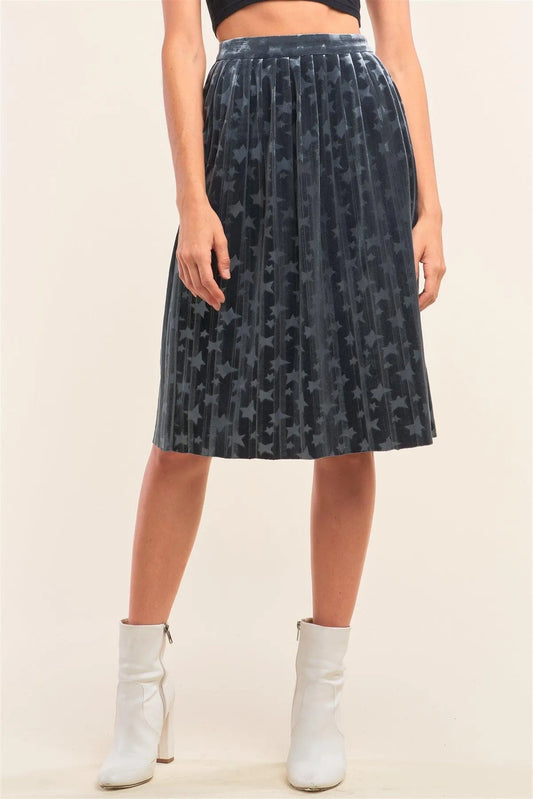 Starstruck Dusty Blue Velvet Star Print High Waisted Pleated Midi Skirt /1-2-2-1 - Tasha Apparel Wholesale