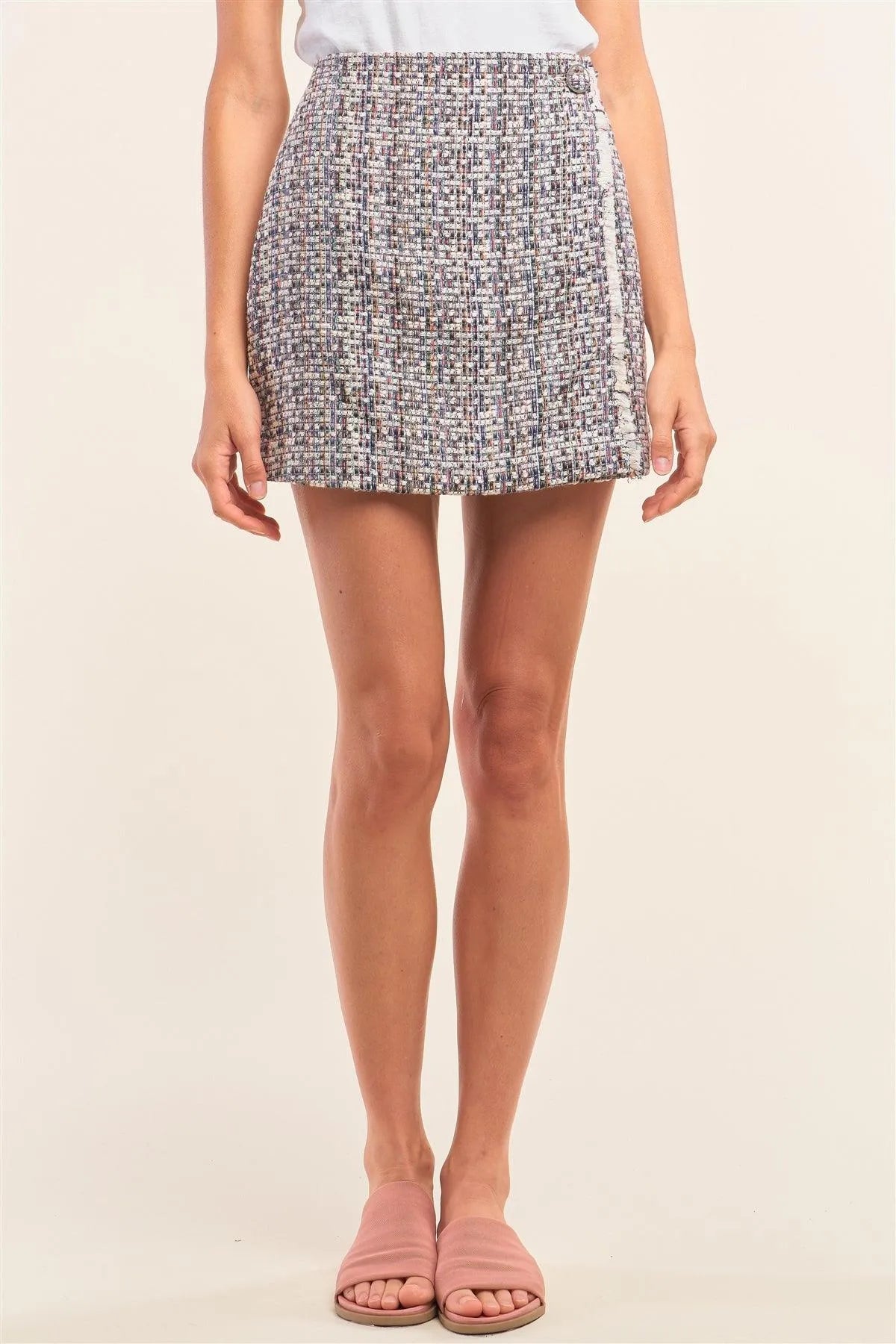 Cream Rainbow Plaid High Waisted Shredded Hem Detail Mini Skirt /1-1-2-1-2 - Tasha Apparel Wholesale