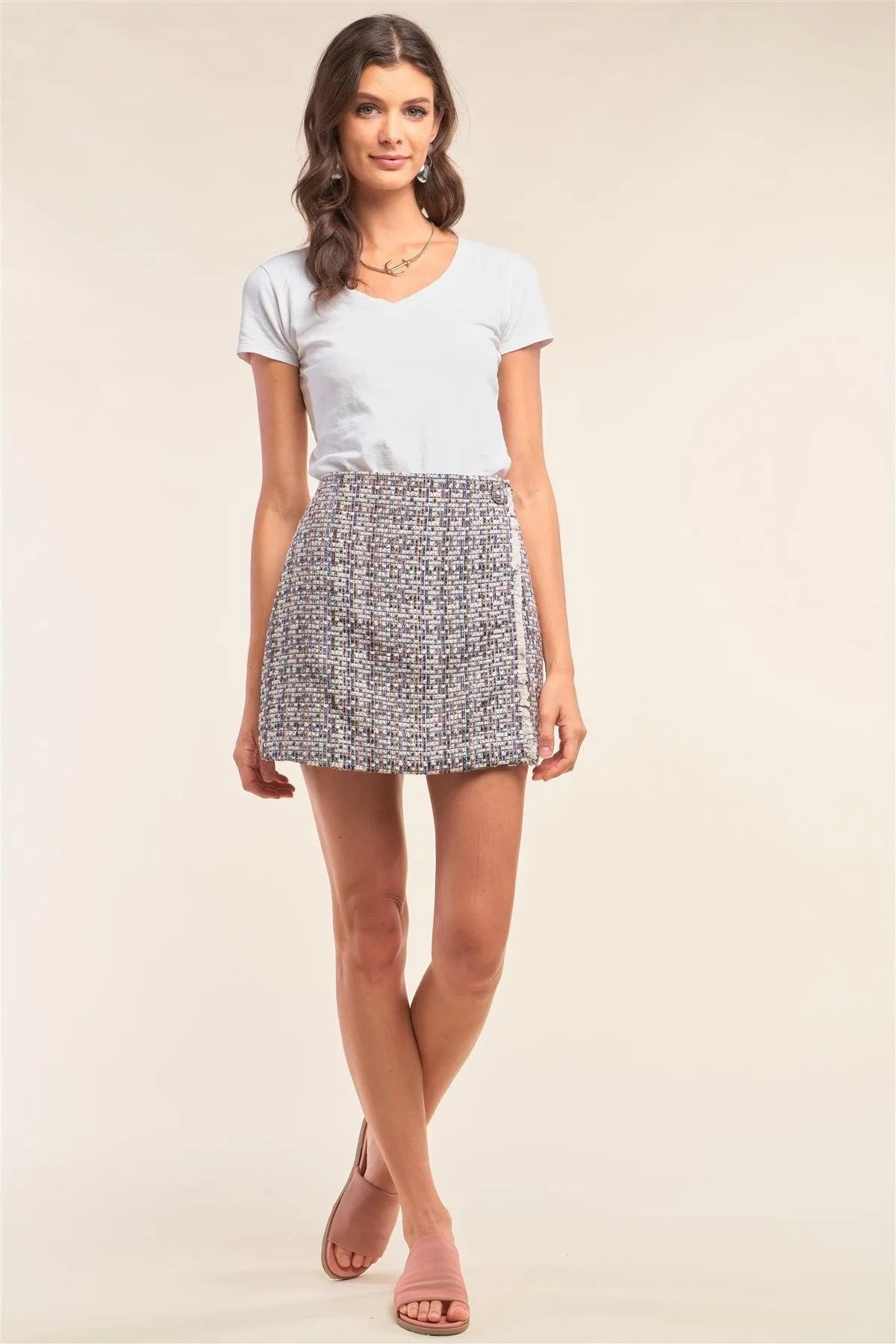 Cream Rainbow Plaid High Waisted Shredded Hem Detail Mini Skirt /1-1-2-1-2 - Tasha Apparel Wholesale