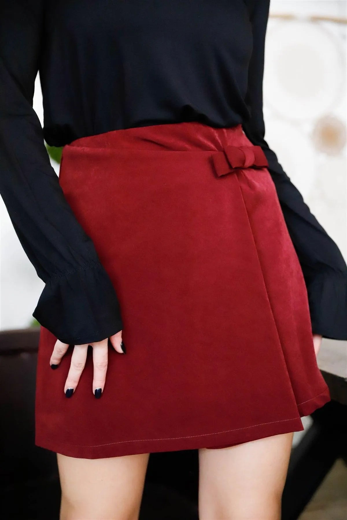 Burgundy Wrap Front Side Bow Detail Mini Skirt /1-2-2-1 - Tasha Apparel Wholesale