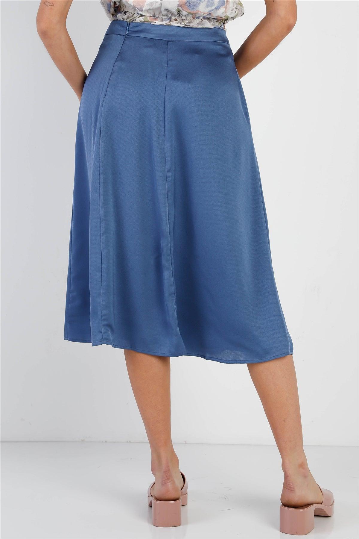 Blue Satin Effect Midi Slip Skirt