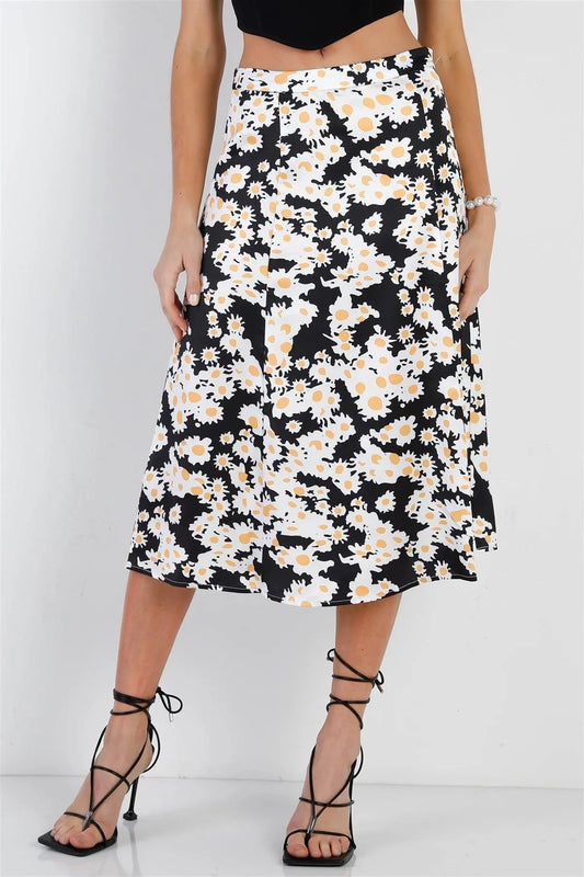 "Daisy" Print Black Multi Color Satin Effect Midi Slip Skirt /1-3-2 - Tasha Apparel Wholesale
