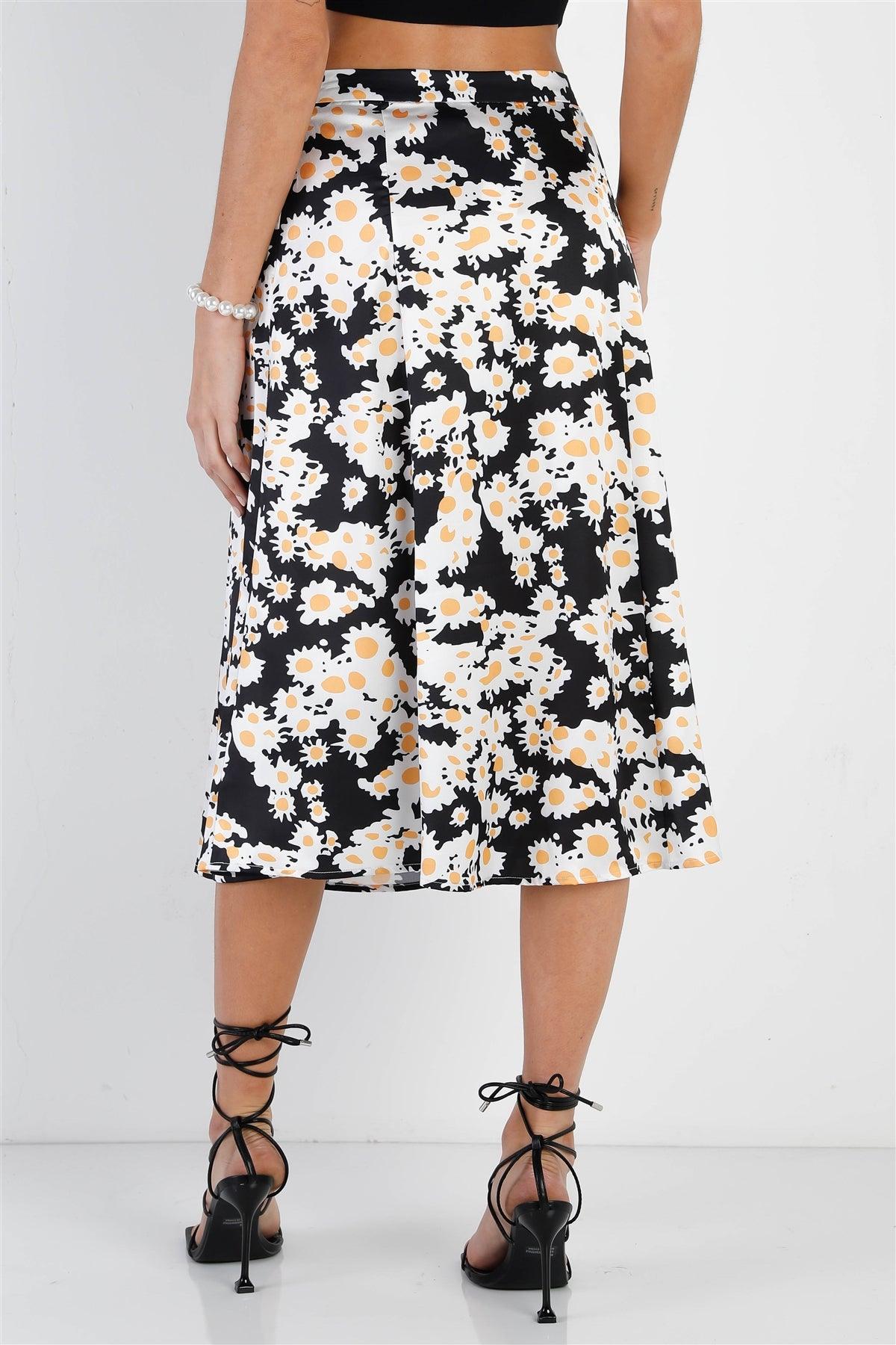 "Daisy" Print Black Multi Color Satin Effect Midi Slip Skirt /1-3-2