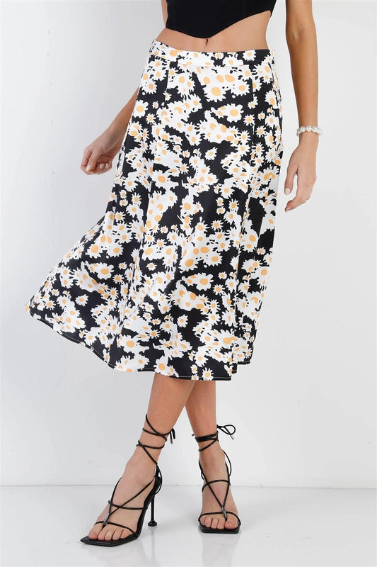 "Daisy" Print Black Multi Color Satin Effect Midi Slip Skirt /1-2-2-1 - Tasha Apparel Wholesale