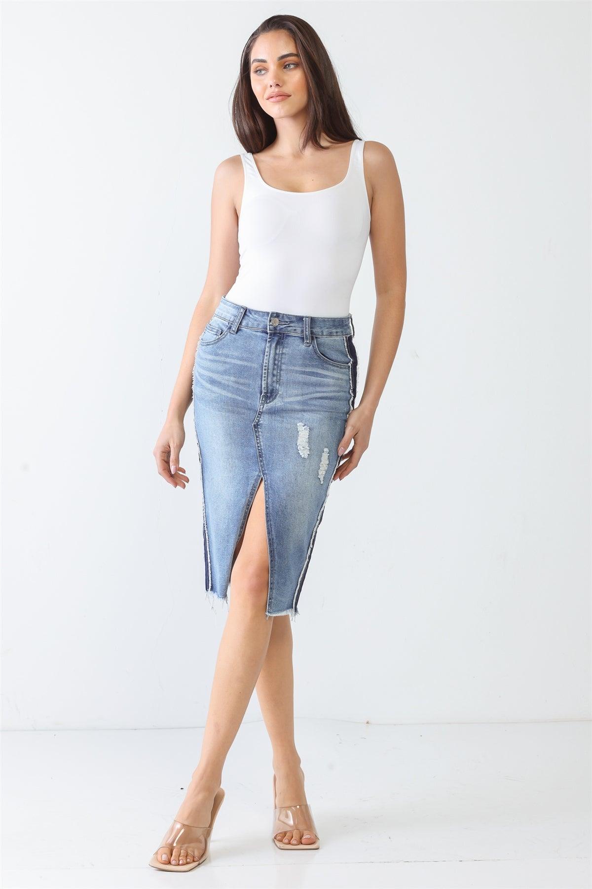 Denim Cotton Five Pocket Distressed Trim High Waist Front Slit Midi Skirt /3-2-1