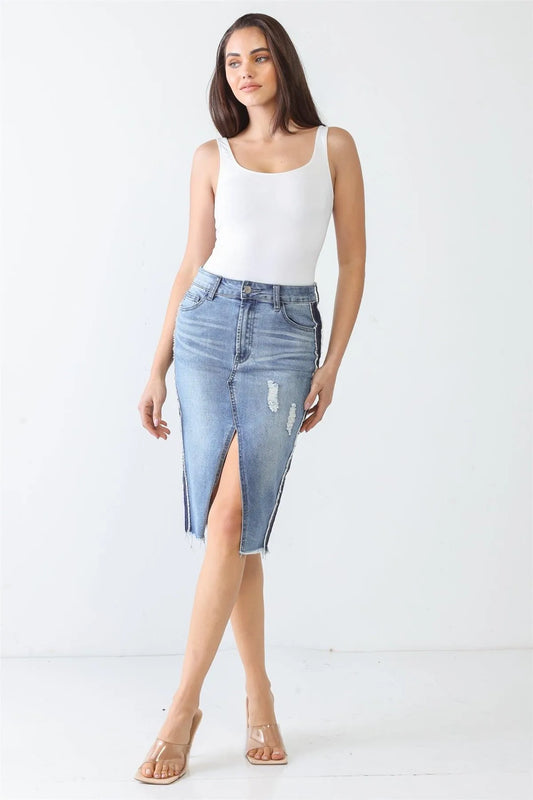 Denim Cotton Five Pocket Distressed Trim High Waist Front Slit Midi Skirt /3-2-1 - Tasha Apparel Wholesale