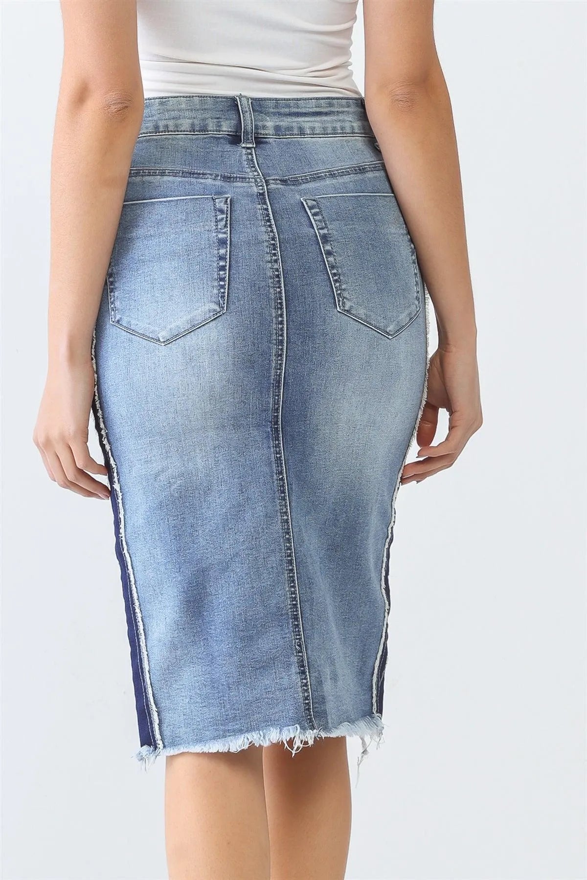 Denim Cotton Five Pocket Distressed Trim High Waist Front Slit Midi Skirt /3-2-1 - Tasha Apparel Wholesale