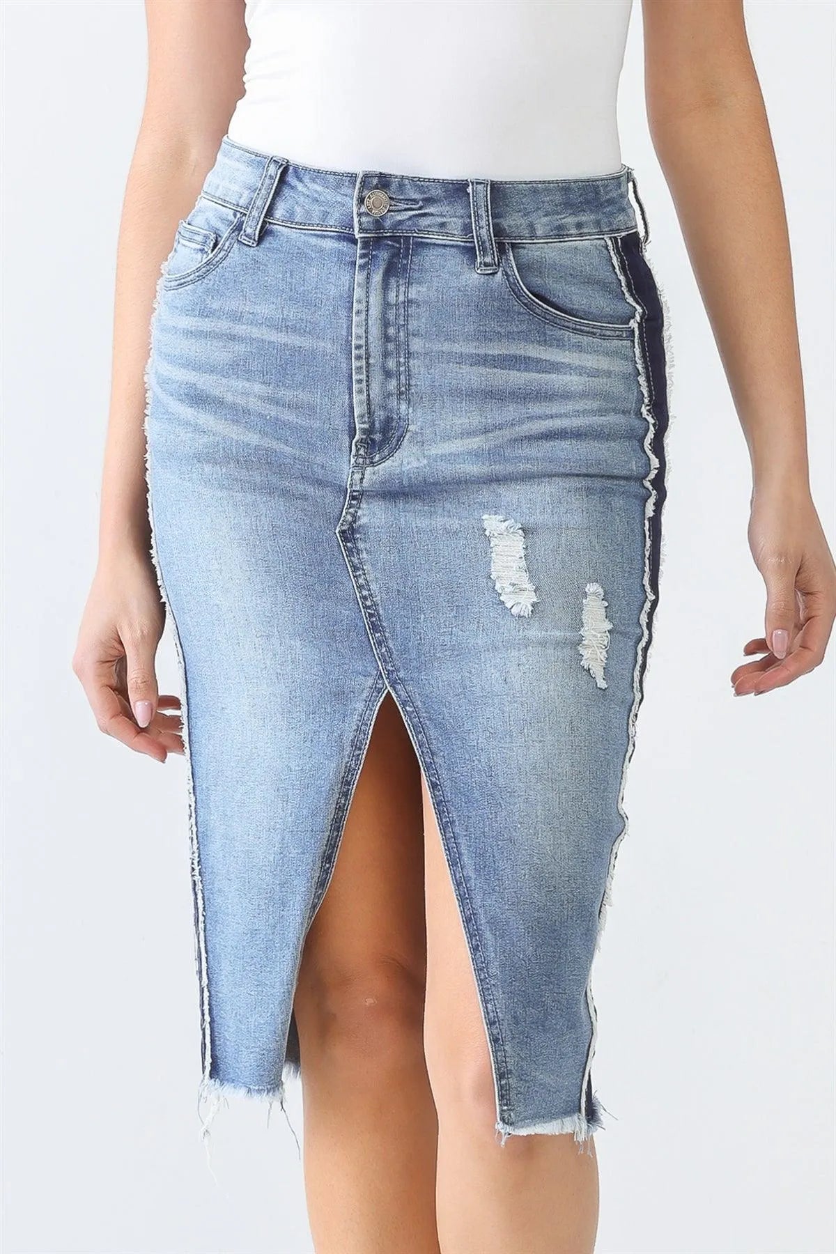 Denim Cotton Five Pocket Distressed Trim High Waist Front Slit Midi Skirt /3-2-1 - Tasha Apparel Wholesale