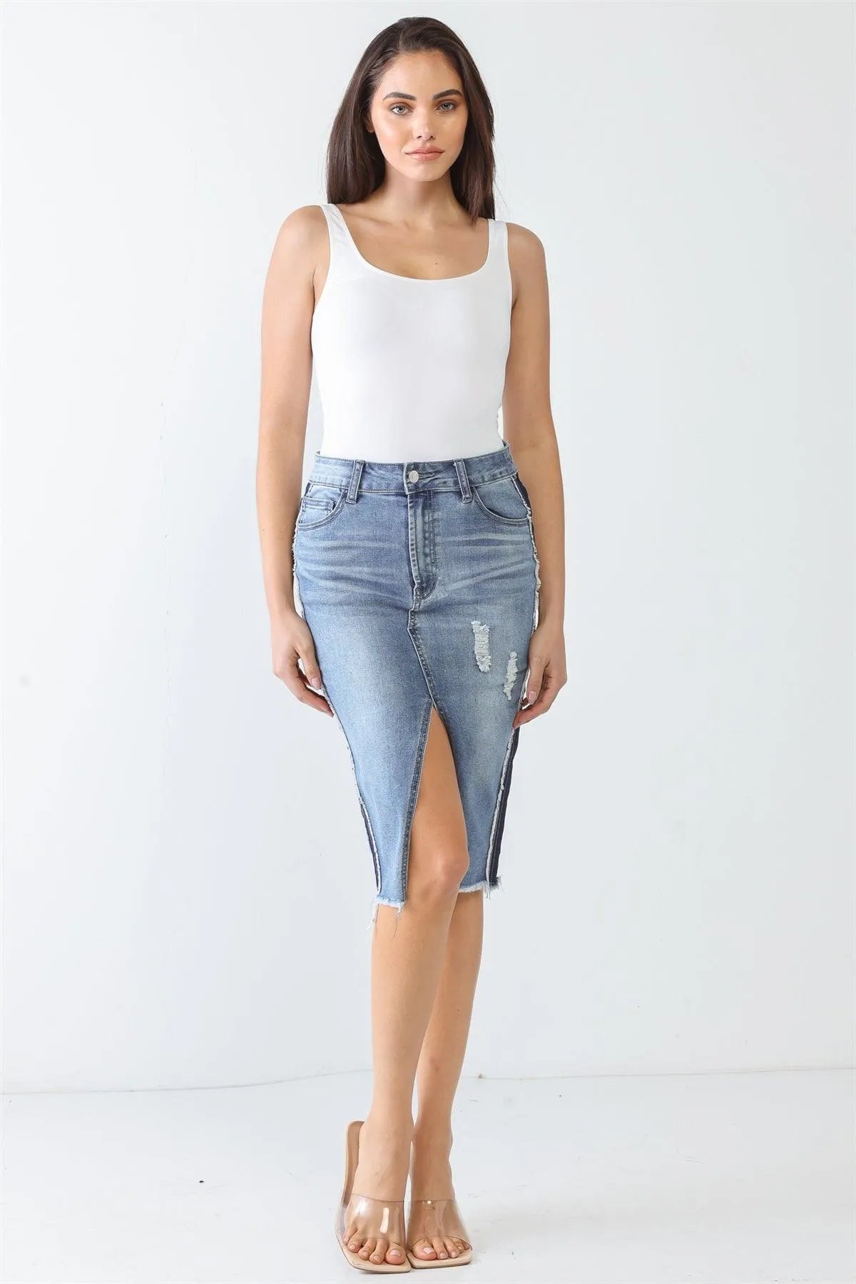 Denim Cotton Five Pocket Distressed Trim High Waist Front Slit Midi Skirt /3-2-1 - Tasha Apparel Wholesale