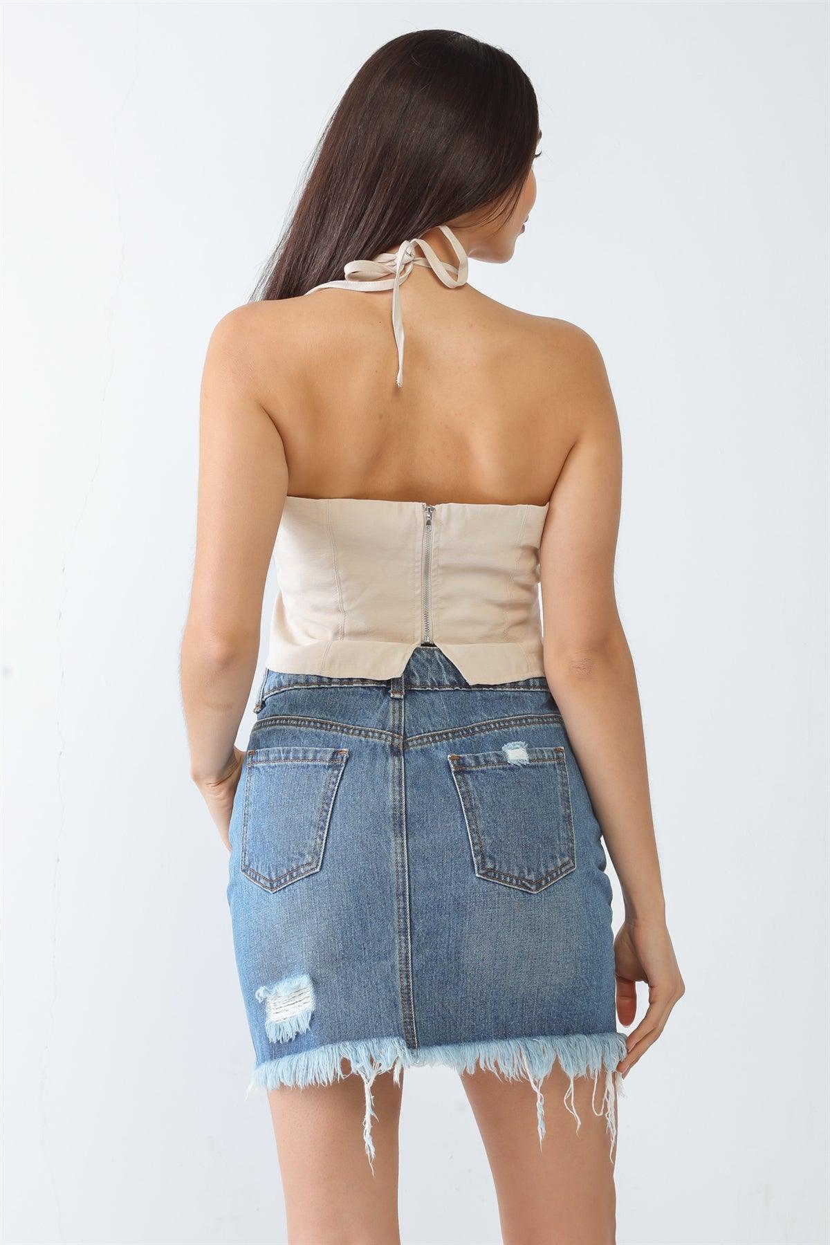 Denim Cotton Five Pocket Distressed Trim Hem High Waist Mini Skirt /3-2-1