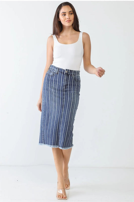 Denim Stripe Cotton Five Pocket High Waist Back Slit Midi Skirt /3-2-1 - Tasha Apparel Wholesale