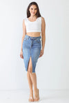 Denim & White Cotton Five Pocket Trim Hem Front Slit High Waist Midi Skirt /3-2-1 - Tasha Apparel Wholesale