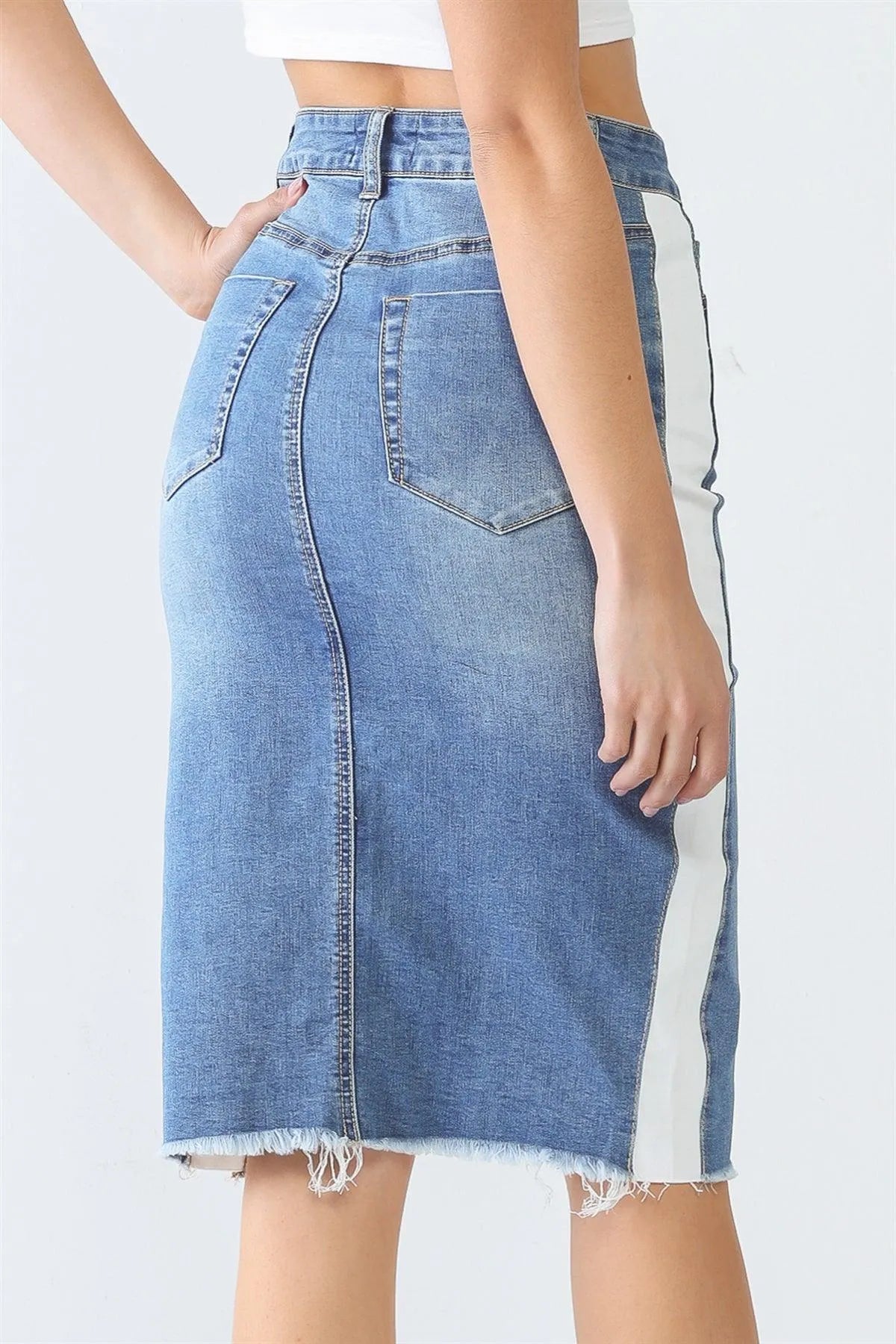 Denim & White Cotton Five Pocket Trim Hem Front Slit High Waist Midi Skirt /3-2-1 - Tasha Apparel Wholesale