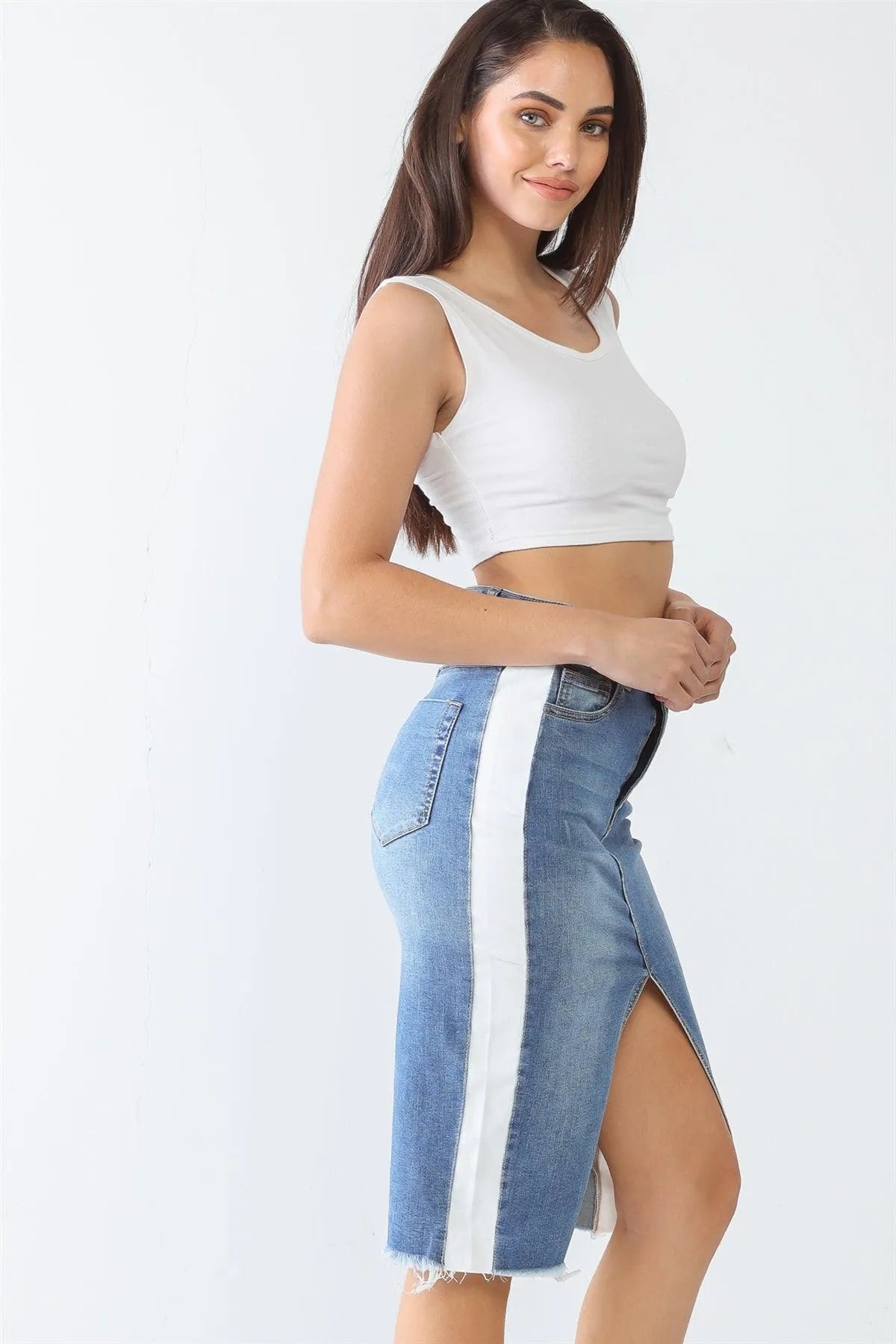 Denim & White Cotton Five Pocket Trim Hem Front Slit High Waist Midi Skirt /3-2-1 - Tasha Apparel Wholesale