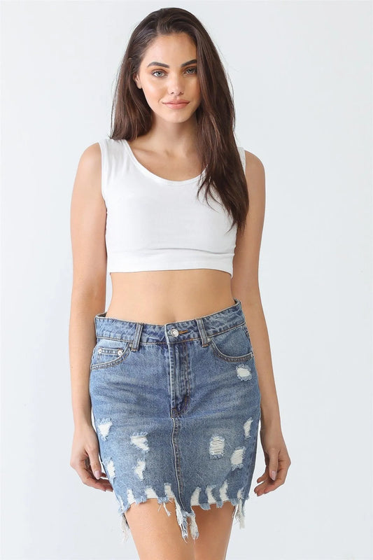 Denim Cotton Five Pocket Trim Distressed Torn Hem High Waist Mini Skirt - Tasha Apparel Wholesale