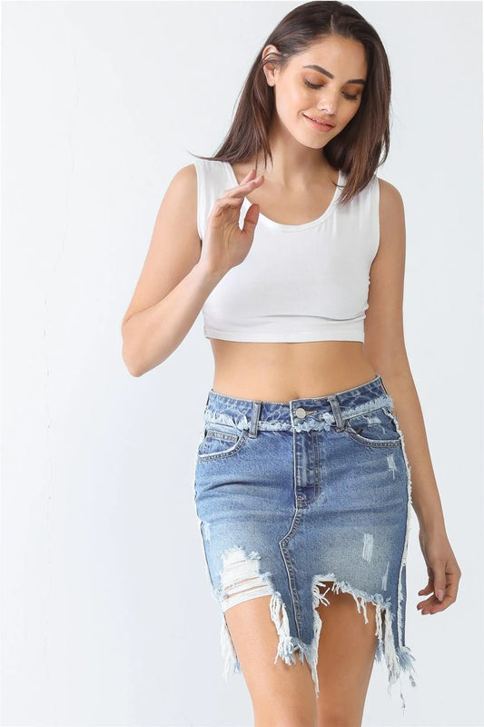 Denim Cotton Trim Torn Hem High Waist Mini Skirt - Tasha Apparel Wholesale
