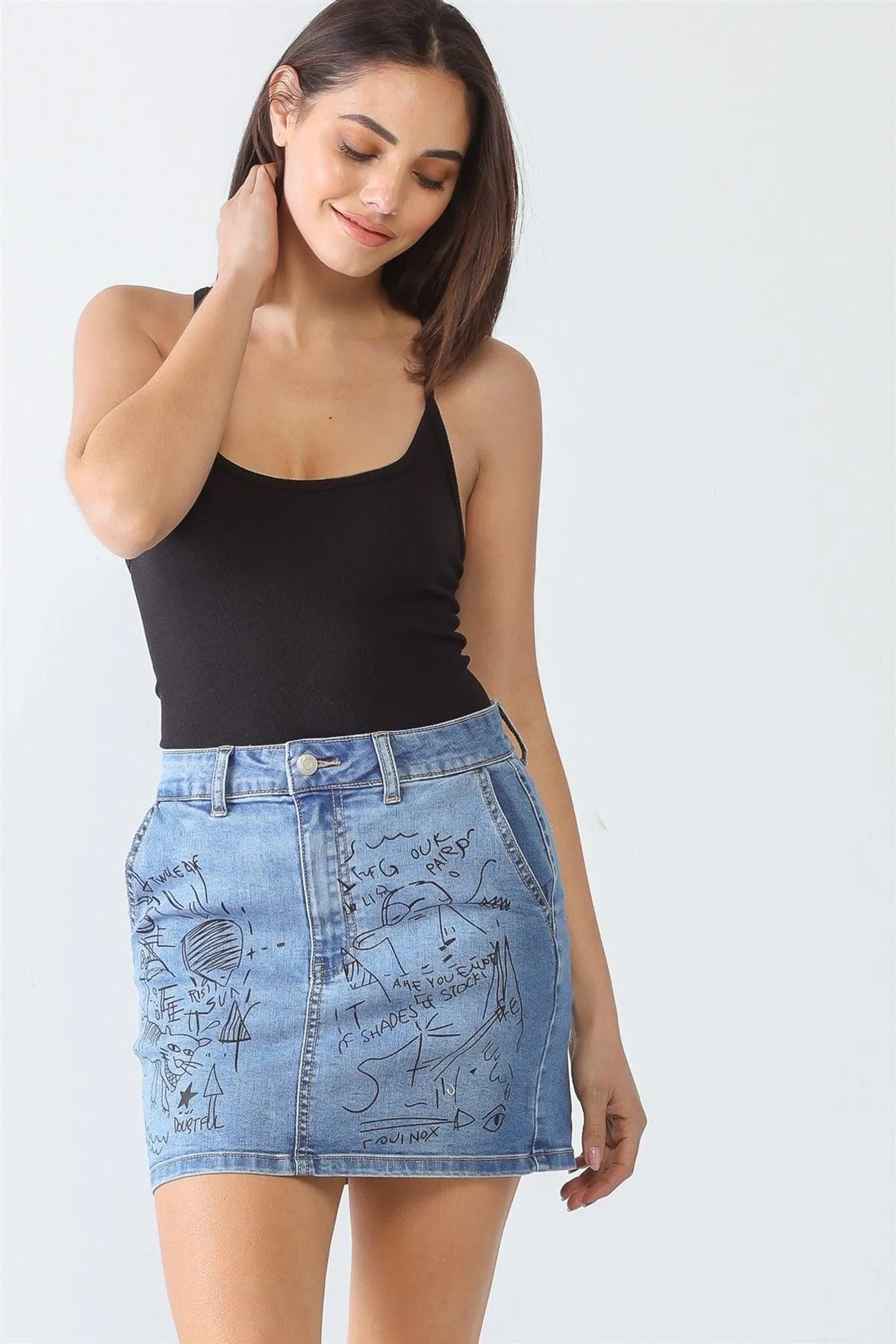Denim "Children's Drawings" Print Cotton Four Pocket High Waist Mini Skirt /3-2-1 - Tasha Apparel Wholesale