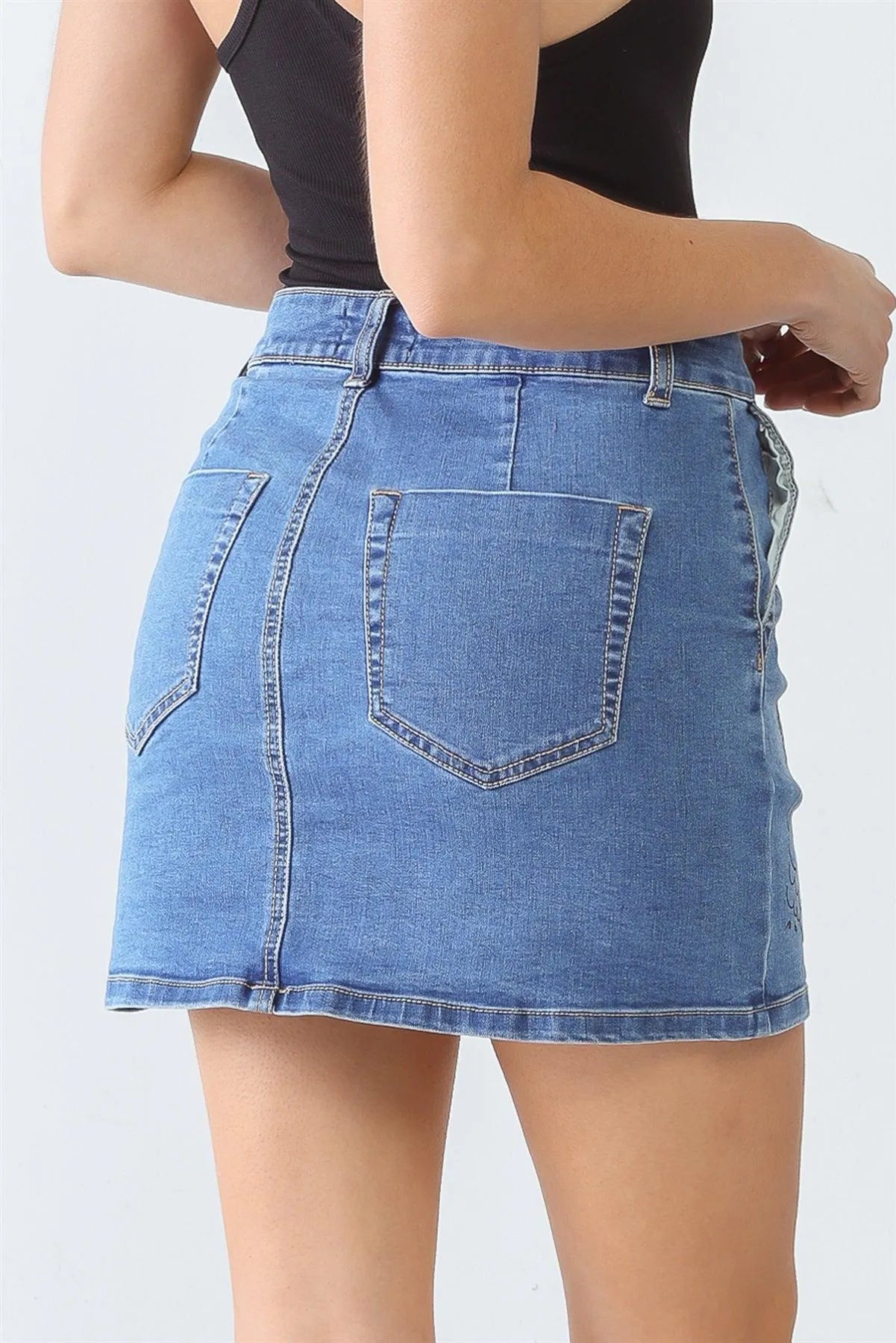 Denim "Children's Drawings" Print Cotton Four Pocket High Waist Mini Skirt /3-2-1 - Tasha Apparel Wholesale