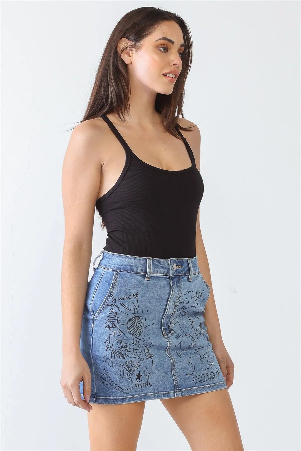 Denim "Children's Drawings" Print Cotton Four Pocket High Waist Mini Skirt /3-2-1 - Tasha Apparel Wholesale