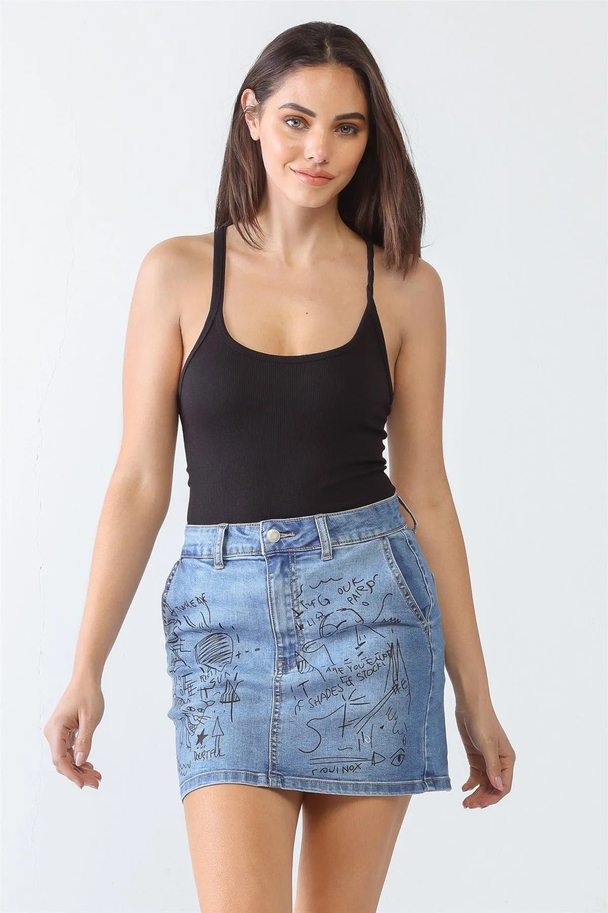 Denim "Children's Drawings" Print Cotton Four Pocket High Waist Mini Skirt /3-2-1 - Tasha Apparel Wholesale