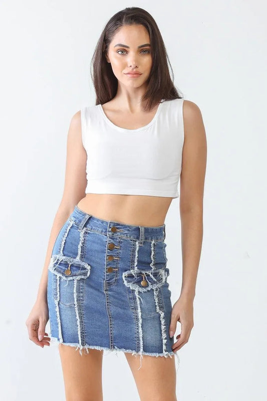Denim Cotton Button Two Pocket Trim High Waist Mini Skirt /3-2-1 - Tasha Apparel Wholesale