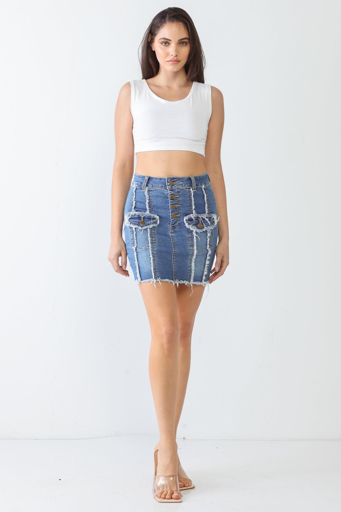 Denim Cotton Button Two Pocket Trim High Waist Mini Skirt /3-2-1