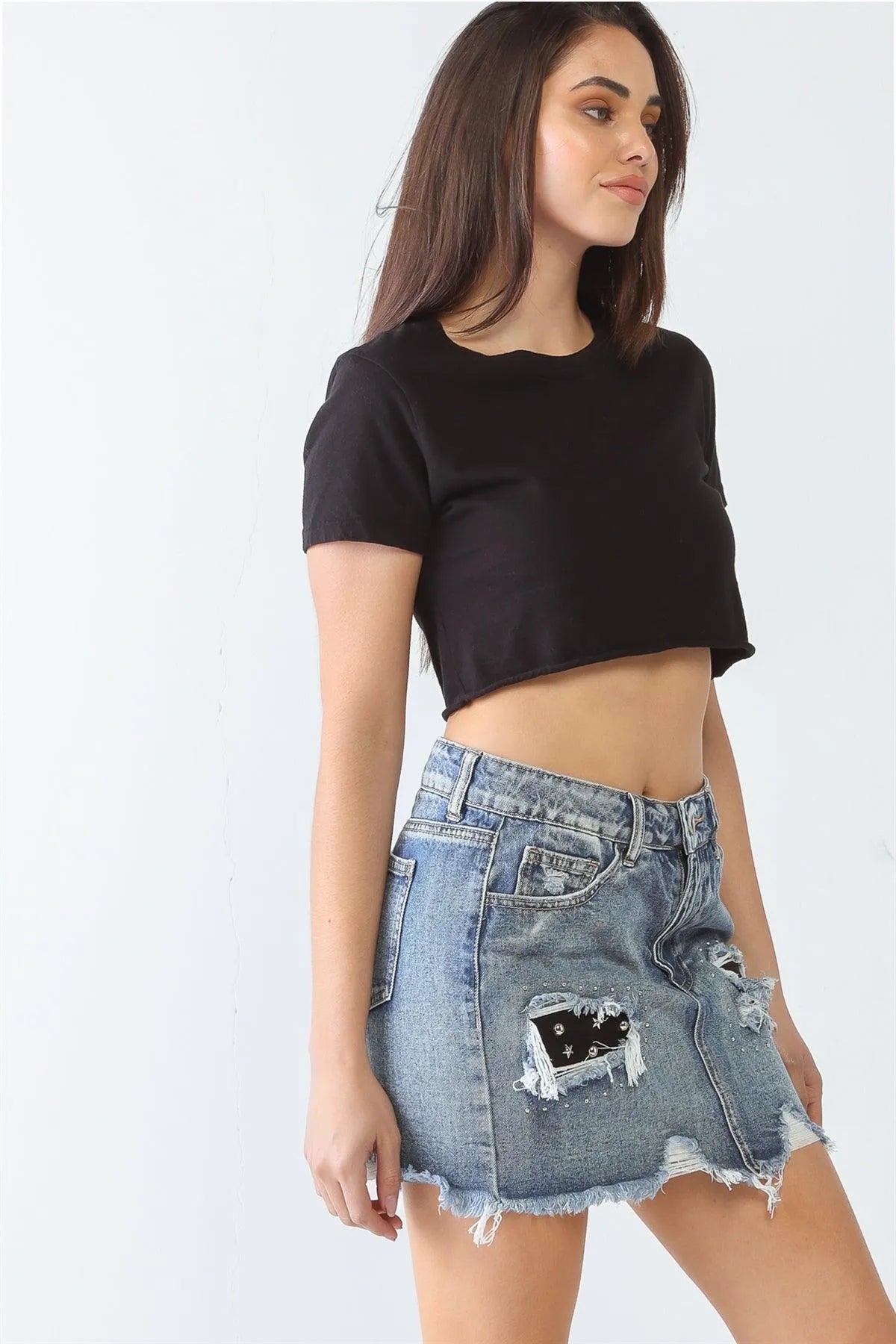Distressed Trim High Waist Mini Denim Skirt - Tasha Apparel Wholesale