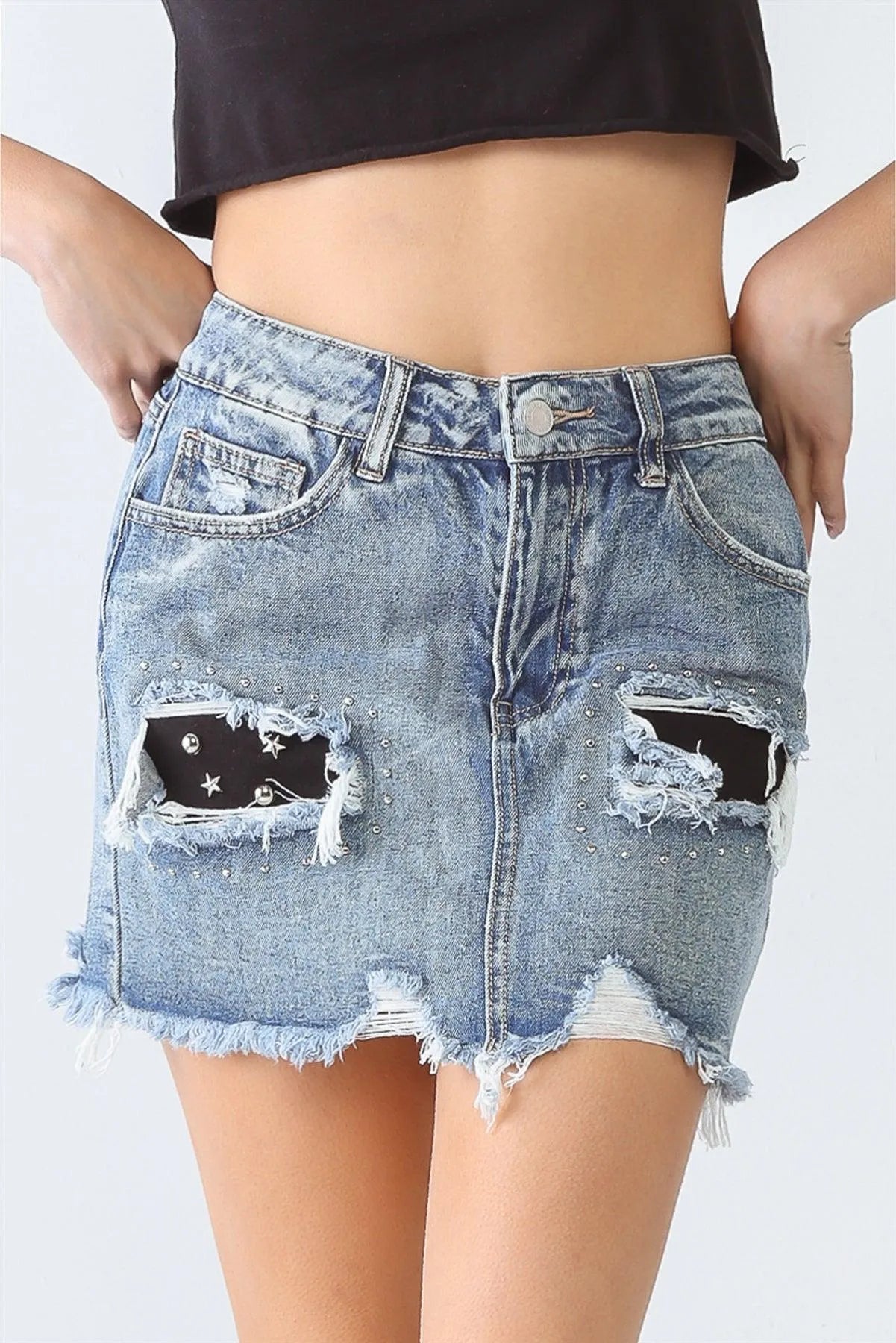 Distressed Trim High Waist Mini Denim Skirt - Tasha Apparel Wholesale